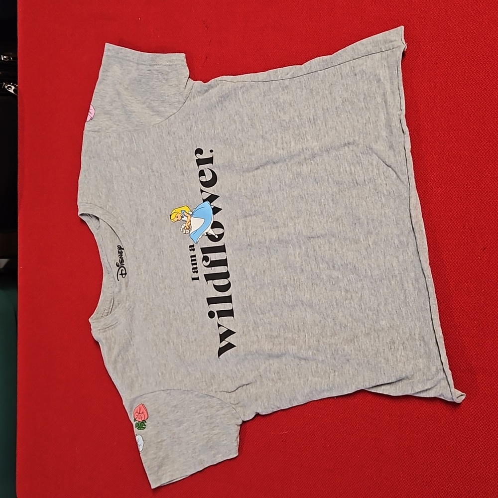 Disney Alice in Wonderland short sleeve gray crop Lg. 'I am a Wildflower' EUC